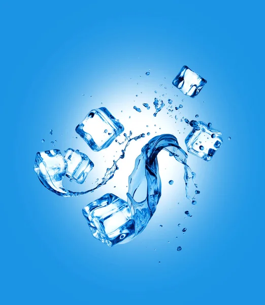 Cubos Gelo Com Salpicos Água Fundo Azul — Fotografia de Stock