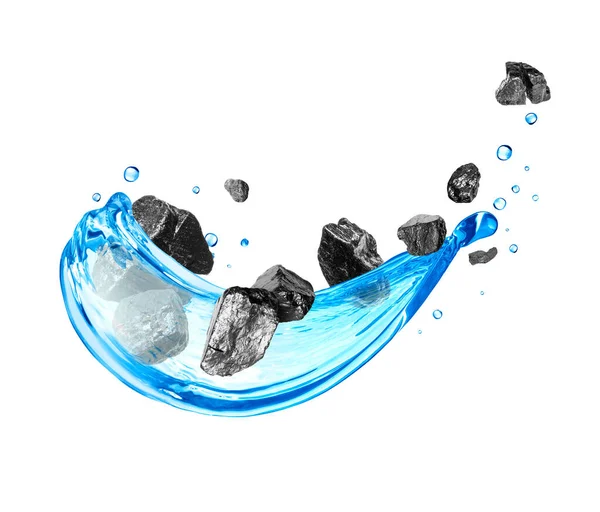 Pieces Coal Splashes Water Isolated White Background — Stock Photo, Image