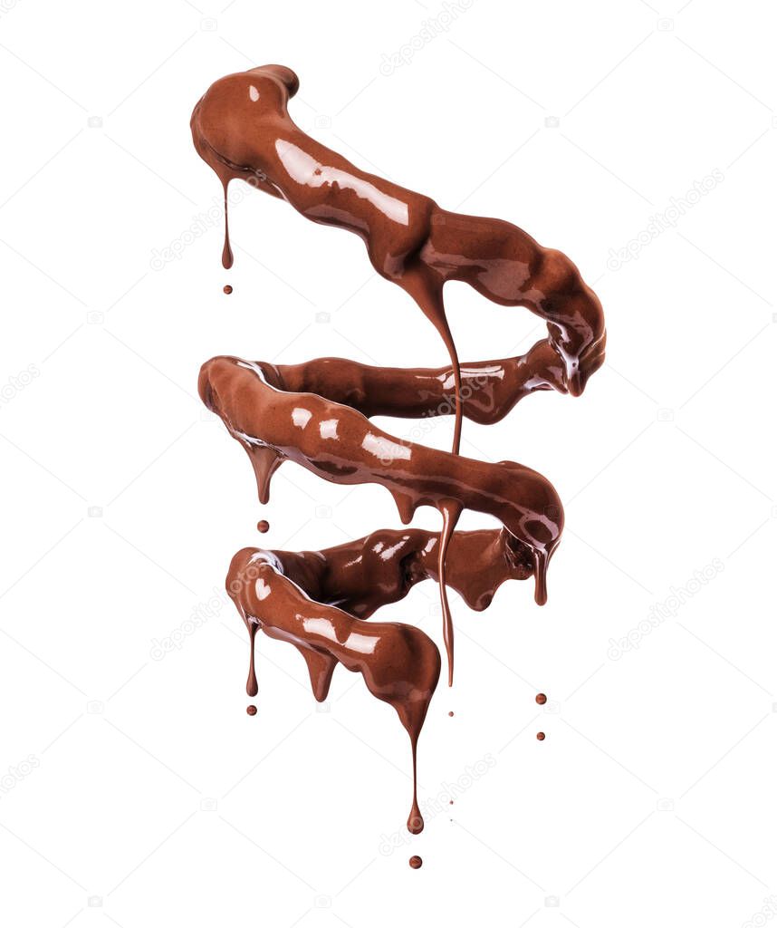Chocolate splashes in spiral shape with flowing drops on a white background