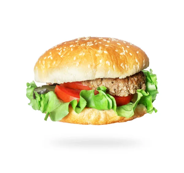 Burger Proaspăt Delicios Piață Fundal Alb — Fotografie, imagine de stoc