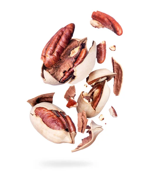 Pecan Nuts Cracked Air Close Isolated White Background — Stock Photo, Image