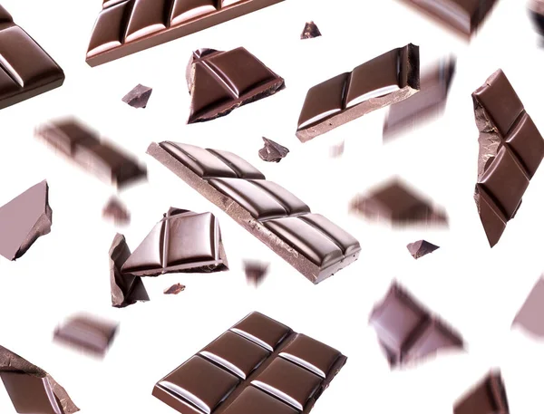 Broken Chocolate Bars Air White Background — Stock Photo, Image