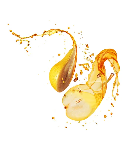 Juice Stänk Från Två Halvor Päron Isolerad Vit Bakgrund — Stockfoto