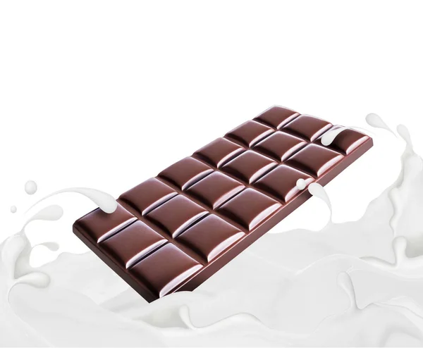 Barra Chocolate Ahogándose Salpicaduras Leche Sobre Fondo Blanco —  Fotos de Stock