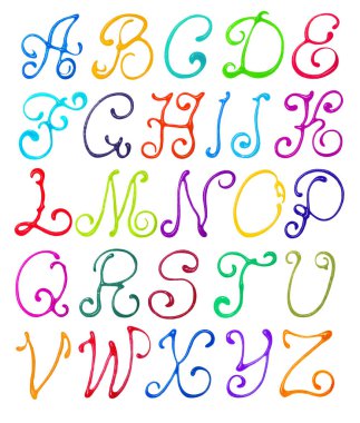 Beyaz arkaplanda izole edilmiş pullu renkli latin alfabesi