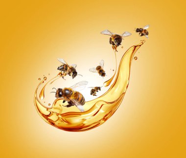 Uçan bal arıları sarı arka planda dinamik bal sıçramalarıyla çevrili. 