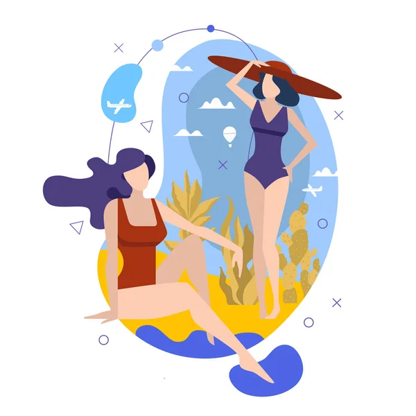 Dwie kobiety w garniturach kąpielowych na tropikalnej plaży. Płaska koncepcja ilustracji. — Wektor stockowy