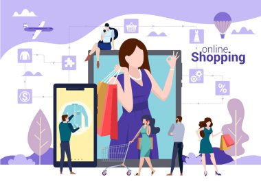 Alışveriş ile çanta seçen, satın alan ve taşıyan kişilerle online alışveriş vektör konsepti.