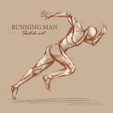 Kahverengi tonda modern stilize kroki onun adım içine öne eğilerek kaslı bir vücut sprint ile çalışan bir atletik adam, vektör illüstrasyon.