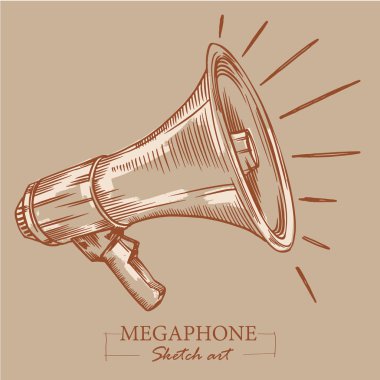 Megafon kahverengi tonda modern stilize kroki. Duyurular için hoparlör, bullhorn skeç haber veya halkın dikkatini.