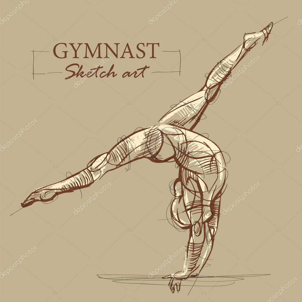Brown toned modern stylized sketch of a curly gymnastics, acrobatics with a muscular body, vector illustration.