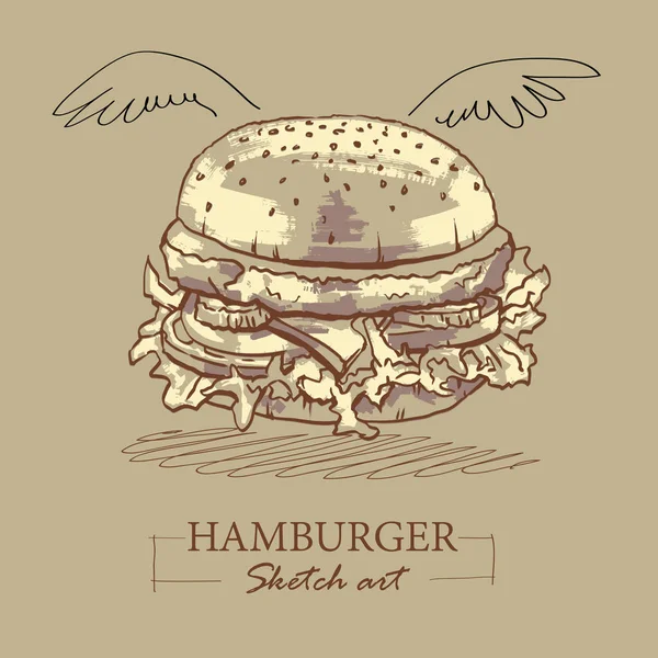 Sağlıklı bir diyet konseptinde nötr bir açık kahverengi arka plan üzerinde bir vejetaryen burger Sketch sanat. Vektör çizimi. — Stok Vektör