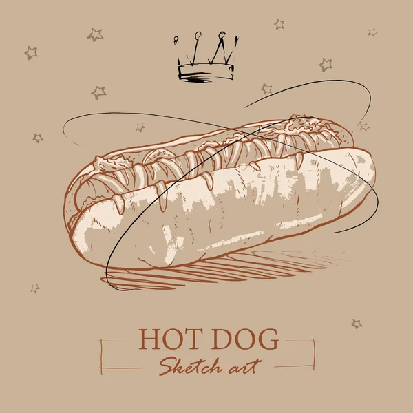 Hot dog dessiné à la main avec saucisse grillée à la moutarde — Image vectorielle