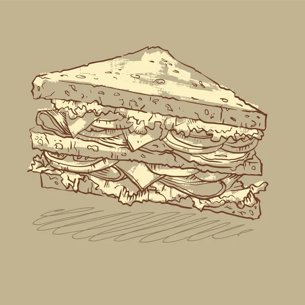 Σκίτσο απεικόνιση ενός θρεπτικού σάντουιτς με τρεις φέτες ψωμί — Διανυσματικό Αρχείο