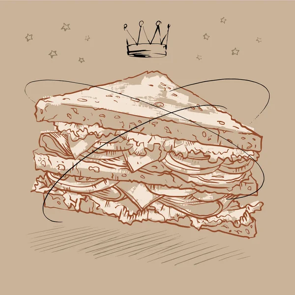 Σκίτσο απεικόνιση ενός θρεπτικού σάντουιτς με τρεις φέτες ψωμί — Διανυσματικό Αρχείο