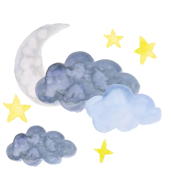 Eine Reihe Aquarellierter Wetterphänomene Mond Sterne Wolken — Stockfoto