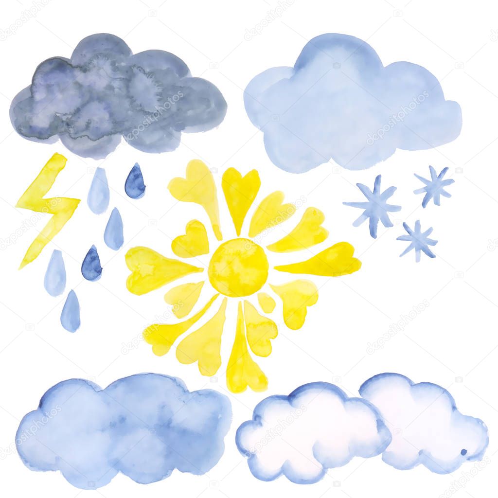 A set of watercolor weather phenomena: clouds, sun, lightning, raindrops, snowflakes, rain cloud