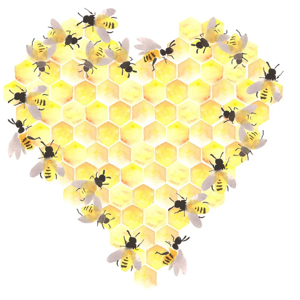 Bee honeycomb with honey in a hexagonin the shape of a heart. the bees are working in the hive