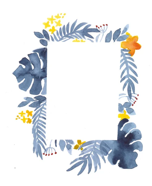 Tozlu mavi renklerde tropikal bitkiler ile Çerçeve. Davetiyeler ve kartlar için öğe. Yapraklı dikdörtgen çiçek çerçevesi