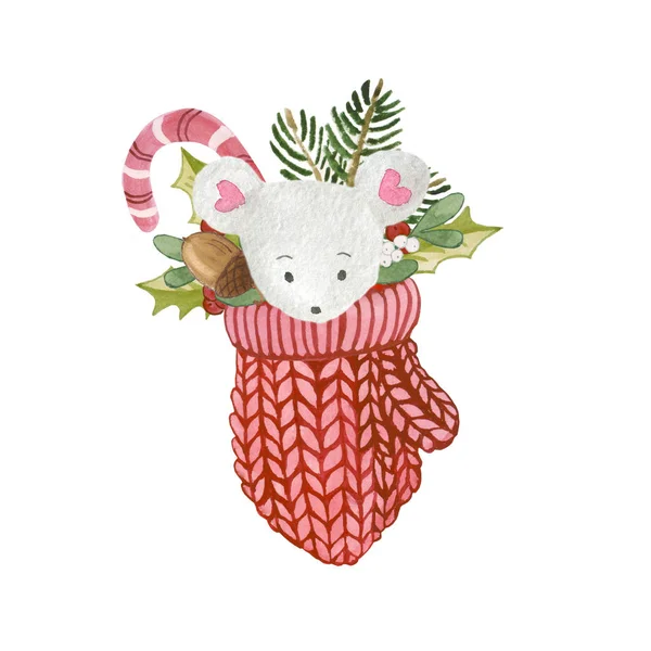 Noel hazineleri ile kırmızı eldiven bir fare: şeker, ağaç, ökseotu, holly