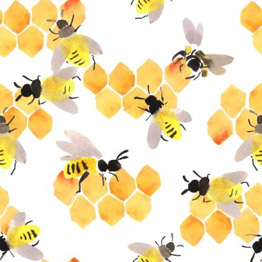 Arıların ve bal peteklerinin parlak sarı ve turuncu renkli desenleri. Kumaş ve ambalaj üzerine baskı için bal süsü.
