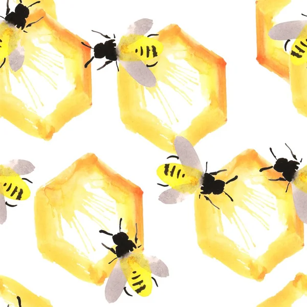 Wzór Pszczół Plastrów Miodu Jasnożółtych Pomarańczowych Kolorach Ozdoba Miodowa Nadruku — Zdjęcie stockowe