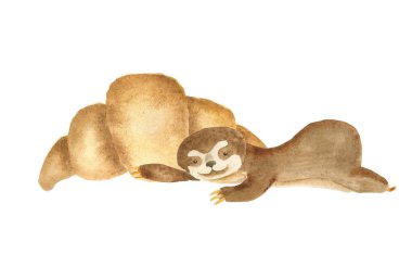 Taze kruvasanın yanında bir tembel hayvan yatıyor. Beyaz arka planda izole edilmiş suluboya el çizimi. Posterler, tişörtler, afişler için ideal.