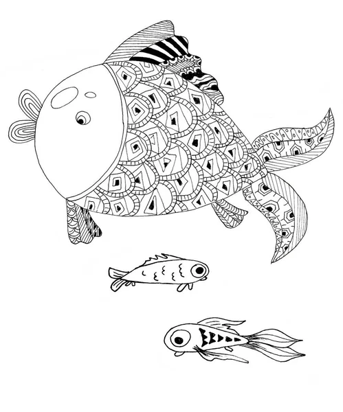 有泽纳特风格的彩色书籍 大嘴唇金鱼和黑线小鱼在孤立的白色背景上 — 图库照片