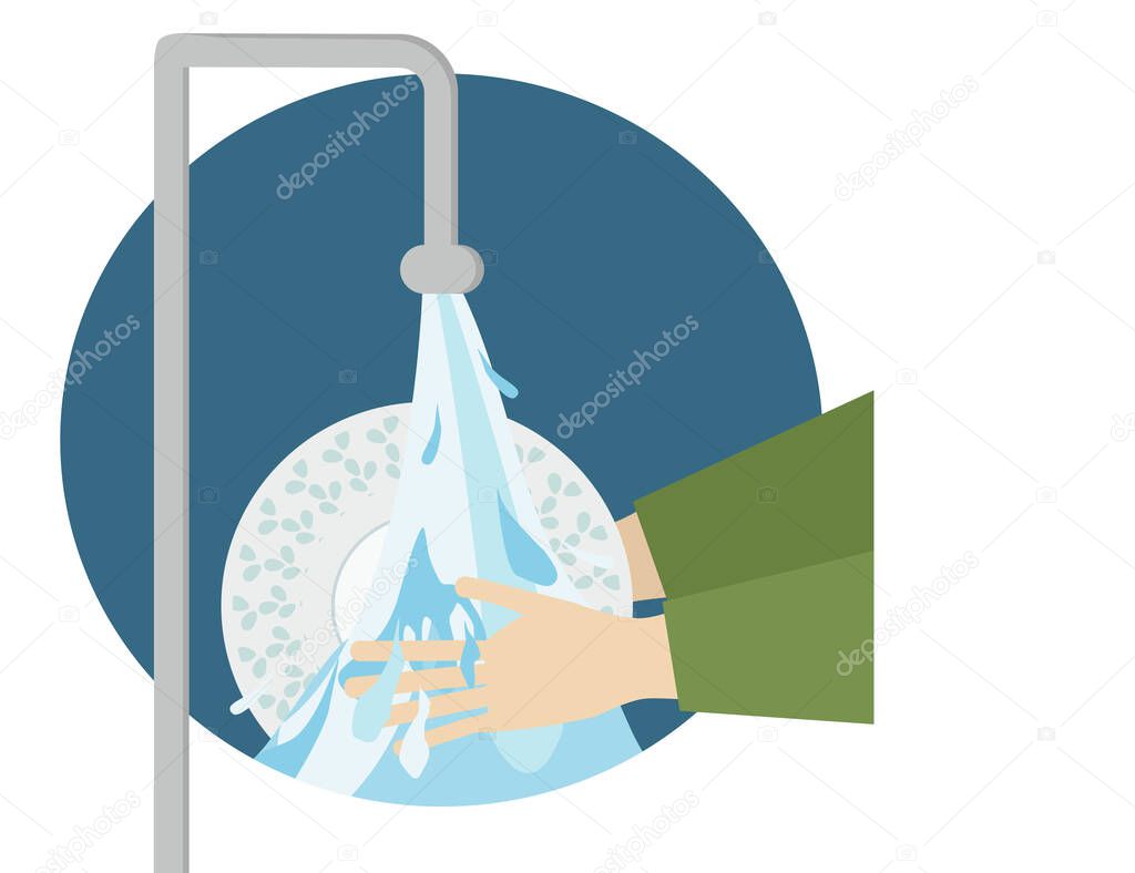 Hands hold a plate under the pressure of water. The concept of washing dishes after eating. Tap with running water. Vector image in a flat style.