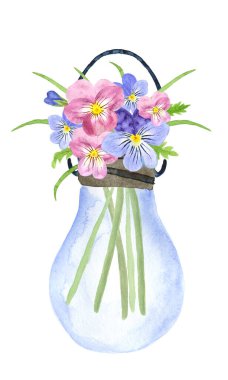 Ampulün içinde narin bir çiçek aranjmanı. Mavi ve pembe renkli suluboya viyola ve bukette toplanan yeşillik. Beyaz bir arka planda izole edilmiş. Kartpostal tasarımı, tişört baskısı.