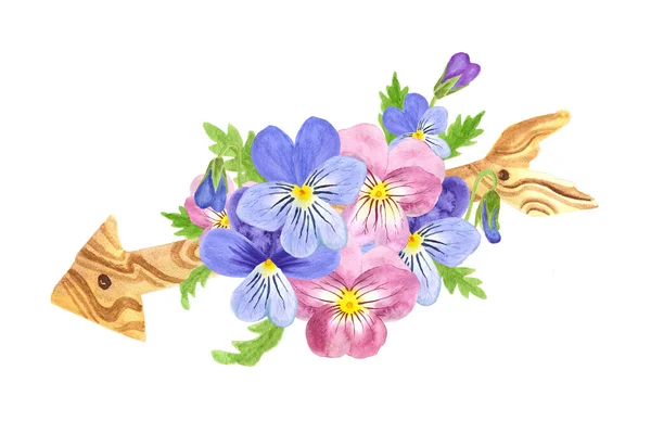 Mavi ve pembe menekşeli tahta suluboya ok. İzole edilmiş beyaz arka planda bir keman buketi. İç kısımlarda düğün, kartpostal ve posterler için kompozisyon.