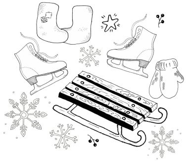 Kış eğlencesi el yapımı. Kızak, keçeli bot, paten ve eldiven tasvir eden kar taneleri. Beyaz arka plan üzerinde vektör. Kış renklendirme sayfaları için kavram