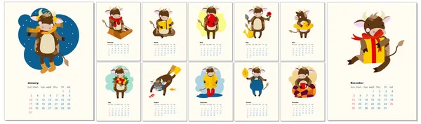 Yılın farklı mevsimlerinde boğa ve hobileri olan 2021 takvim tasarımı. Takvim tasarımı konsepti Kawaii çizgi film boğası, şirin boğa ya da inek, yeni yıl sembolü. 12 ay 2021 sayfalık bir set. 
