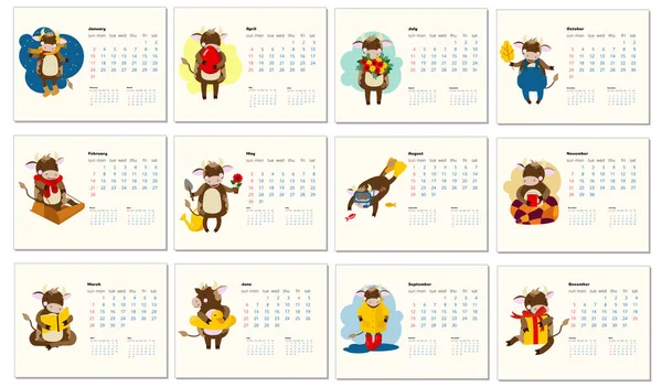 Yılın farklı mevsimlerinde boğa ve hobileri olan 2021 takvim tasarımı. Takvim tasarımı konsepti Kawaii çizgi film boğası, şirin boğa ya da inek, yeni yıl sembolü. 12 ay 2021 sayfalık bir set. 
