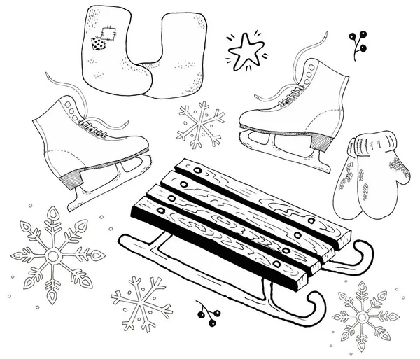 Kış eğlencesi el yapımı. Kızak, keçeli bot, paten ve eldiven tasvir eden kar taneleri. Beyaz arka plan üzerinde vektör. Kış renklendirme sayfaları için kavram