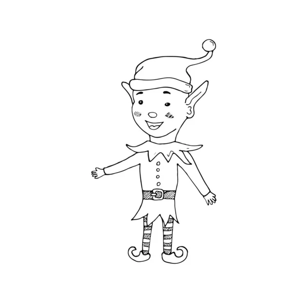 Noel Baba 'nın neşeli yardımcısı. Yeni yıl kostümü giymiş elf. Karalama biçiminde beyaz arkaplanda vektör resmi.