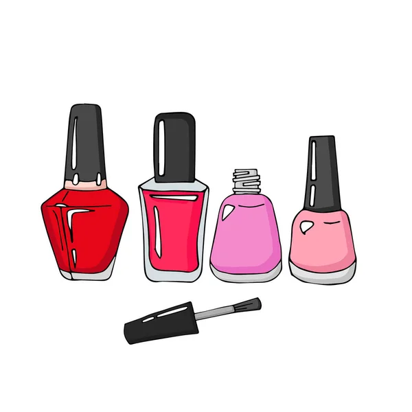 Manikür ve pedikür cilası şişeleri. Bir şişe açık ve kapağın yanında püsküllü..