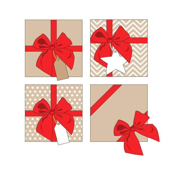 Набор Подарков Ремесленной Упаковке Красной Лентой Бирками Праздник Векторное Изображение — стоковый вектор