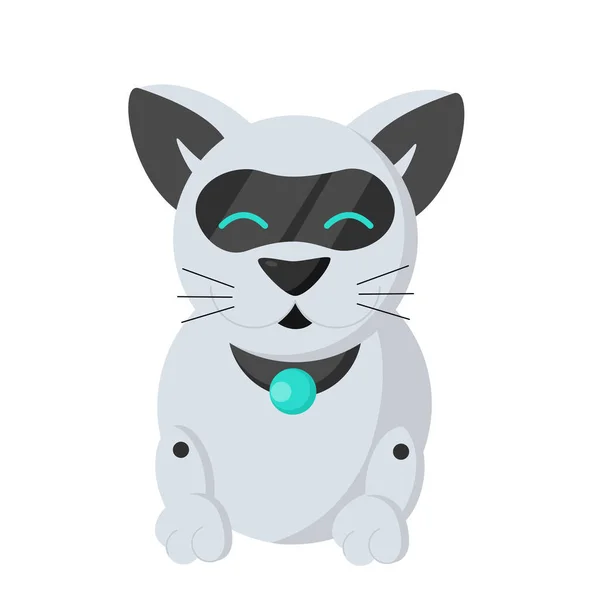 Şirin robot kedi dinlenme modunda yatıyor ve mırıldıyor. Hayvan alışkanlıklarını ölçen teknolojik robot. Geleceğin evcil hayvanı