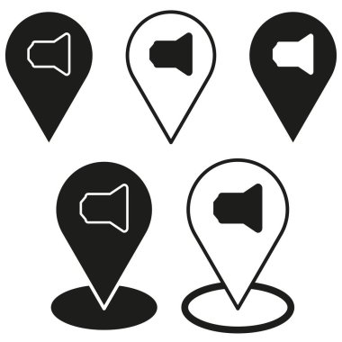 Vektör konum kodu. Megafon hoparlörü sembolü. Harita işaretleyici simgesi. Hoparlör hedef amblemi. EPS 10.