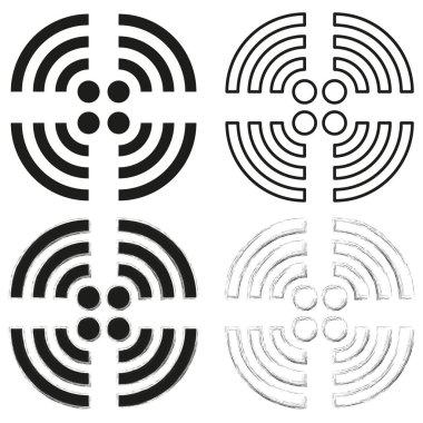 Soyut dairesel desenler. Eşmerkezli çizgi tasarımları. Tek renkli Vektör illüstrasyonu. Geometrik yuvarlak süsler. EPS 10.