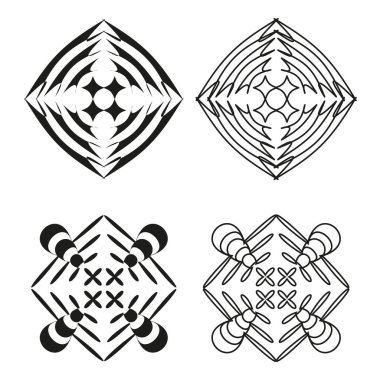 Soyut geometrik şekiller. Simetrik çizgi desenleri. Tek renkli Vektör illüstrasyonu. Süs seti. EPS 10.