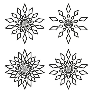 Soyut yıldız desenleri. Simetrik Vektör şekilleri. Tek renkli çiçekli süs eşyası. Dekoratif çizgi sanatı. EPS 10.