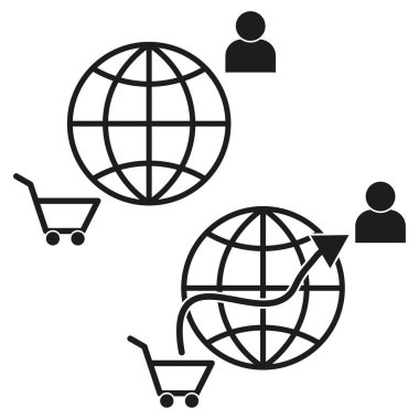 Dünya alışveriş illüstrasyonu. Küresel bağlantı arabası. E Ticaret Vektörü. Çevrimiçi iş sembolü. EPS 10.