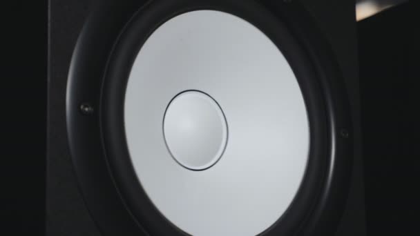 Close up van bewegende sub-woofer op opnamestudio. Witte luidspreker pulserende en trillende luisteren van luide muziek op lage frequentie. Werk van moderne high-fidelity luidspreker membraan. Slow motion — Stockvideo