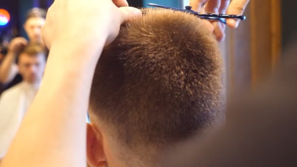 Ο άνθρωπος κουρέας κοπής μαλλιά αρσενικό πελάτη χρησιμοποιώντας ψαλίδι και χτένα στο κουρείο. Διαδικασία κομμωτικής. Αργή κίνηση, κοντινό πλάνο — Αρχείο Βίντεο
