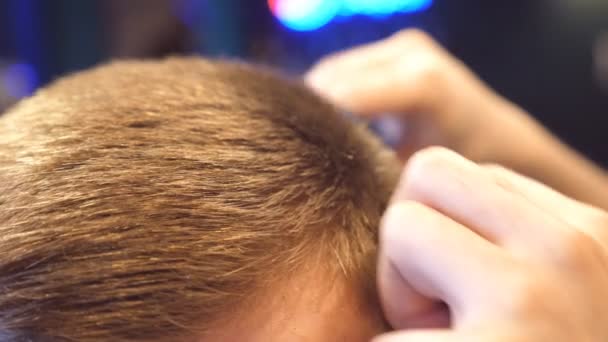 Hombre peluquero corte pelo de cliente masculino usando tijera y peine en la barbería. Proceso de peinado. Cámara lenta Primer plano — Vídeo de stock
