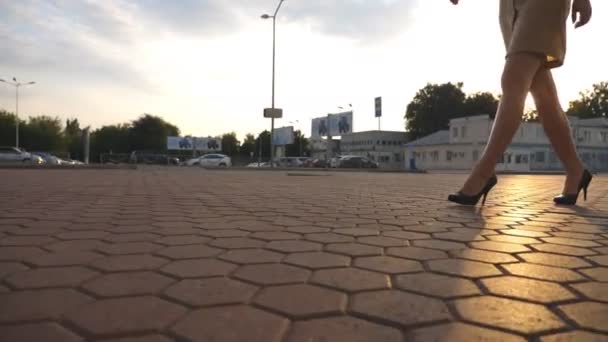 Patas femeninas en zapatos de tacón alto caminando por la calle urbana. Los pies de la mujer de negocios joven en el calzado de tacón alto va en la ciudad. Chica entrando al trabajo. Bengala solar en el fondo. Cámara lenta Primer plano — Vídeos de Stock