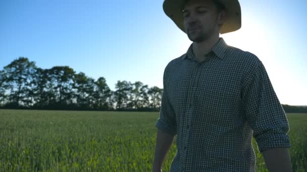 Happy male farmer in hat walking over green wheat field and enjoying nature. Young man going on cereal plantation and smiling at sunny summer day. Sunlight at background. Close up Slow motion — Stock Video