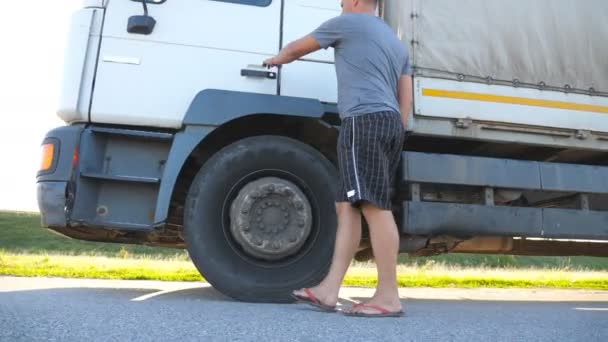 O motorista abre a porta e se senta em um caminhão estacionado para continuar sua jornada. O homem está a caminhar perto do camião. Carro estacionado no campo. Bela paisagem no fundo. Lento movimento Fechar — Vídeo de Stock